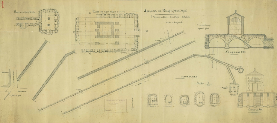Desenho da Arca d’Água de Paranhos com plantas e cortes da Arca Velha e Arca Nova, 1903 – escalas 1.200 e 1.50, Arquivo Histórico AEdP.