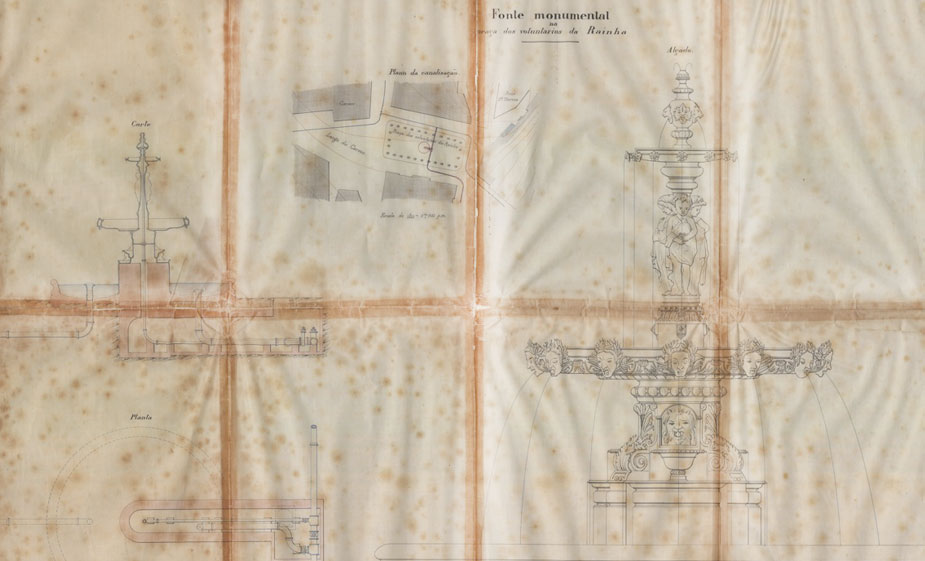 Desenho do projeto original para a Fonte Monumental, 1883. 